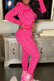 Rose Red Sexy Print Buckle O Neck Long Sleeve Two Pieces