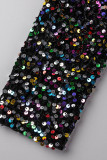 Black Elegant Solid Sequins Patchwork Oblique Collar Evening Dress Dresses