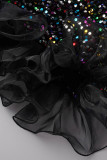 Black Elegant Solid Sequins Patchwork Oblique Collar Evening Dress Dresses