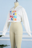 White Fashion Casual Letter Print Basic Hooded Collar Tops