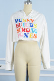 White Fashion Casual Letter Print Basic Hooded Collar Tops