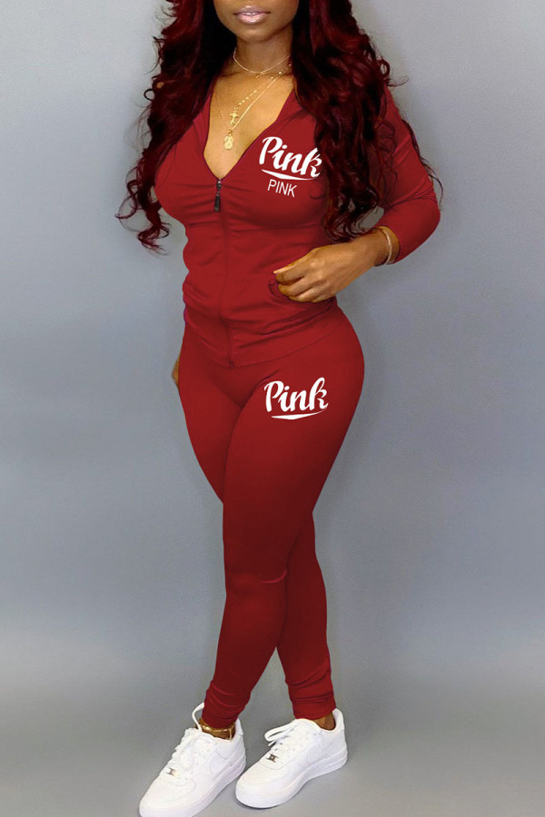 Red Casual Print Patchwork Zipper Long Sleeve Two Pieces