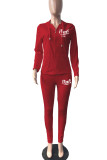 Red Casual Print Patchwork Zipper Long Sleeve Two Pieces