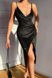 Champagne Sexy Solid Patchwork Slit Asymmetrical Spaghetti Strap Sling Dress Dresses
