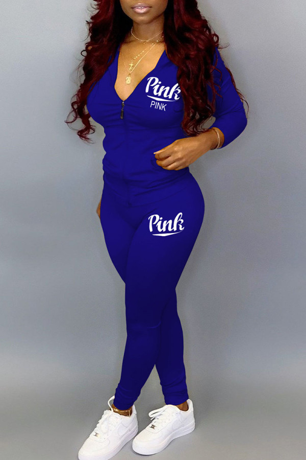 Blue Casual Print Patchwork Zipper Long Sleeve Two Pieces