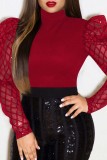 Blue Casual Patchwork Sequins See-through Turtleneck Tops
