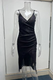Black Sexy Solid Patchwork Slit Asymmetrical Spaghetti Strap Sling Dress Dresses