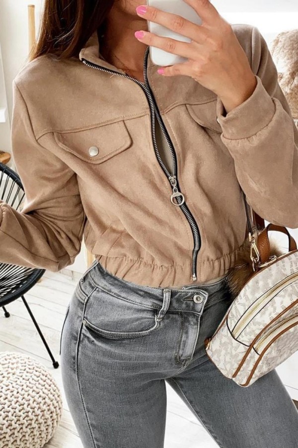 Khaki Casual Solid Patchwork Zipper Collar Outerwear