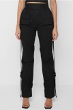 Black Casual Solid Patchwork Regular High Waist Trousers