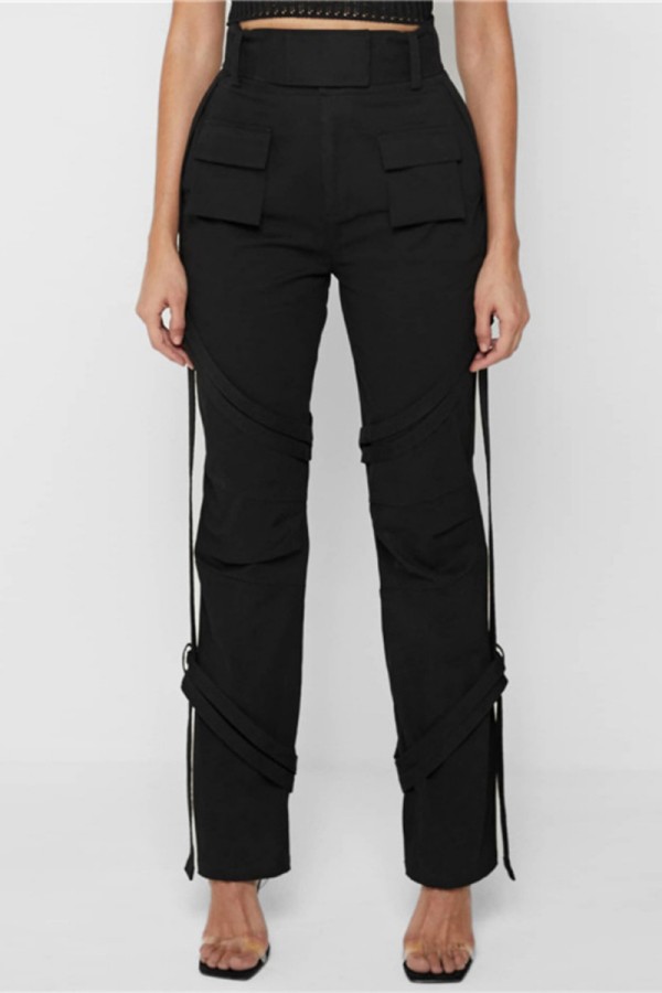 Black Casual Solid Patchwork Regular High Waist Trousers