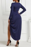 Deep Blue Casual Solid Patchwork V Neck Long Sleeve Dresses