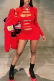 Red Sexy Casual Solid Ripped O Neck Long Sleeve Dresses