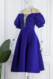 Blue Sexy Elegant Solid Patchwork Beading O Neck A Line Dresses