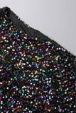 Black Elegant Solid Sequins Patchwork Oblique Collar Evening Dress Dresses