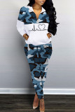 Red Casual Print Camouflage Print Patchwork Zipper Collar Long Sleeve Two Pieces