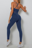 Navy Blue Sportswear Solid Patchwork Backless Spaghetti Strap Sleeveless Two Pieces