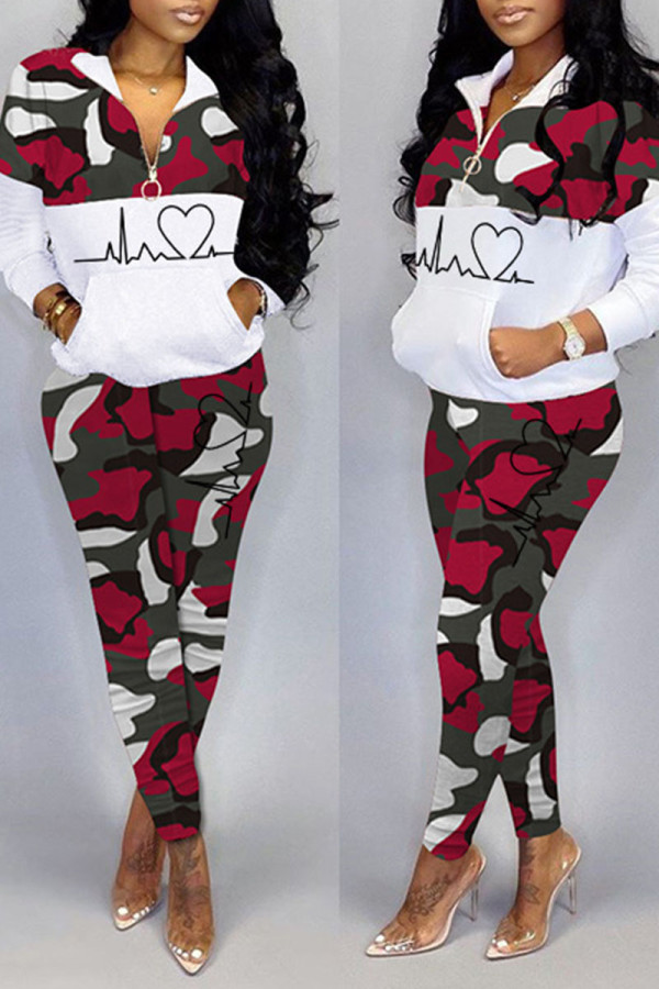 Red Casual Print Camouflage Print Patchwork Zipper Collar Long Sleeve Two Pieces