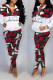 Red Casual Print Camouflage Print Patchwork Zipper Collar Long Sleeve Two Pieces