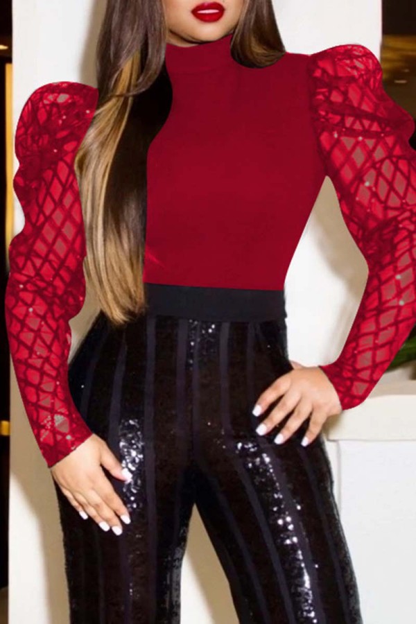 Burgundy Casual Patchwork Sequins See-through Turtleneck Tops
