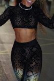 Black Sexy Print Patchwork See-through O Neck Long Sleeve Two Pieces
