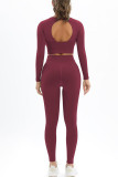 Burgundy Casual Sportswear Solid Patchwork Backless O Neck Long Sleeve Two Pieces