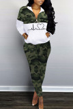 Red Casual Print Camouflage Print Patchwork Zipper Collar Long Sleeve Two Pieces