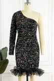 Black Elegant Solid Sequins Patchwork Oblique Collar Evening Dress Dresses
