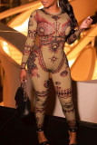 Khaki Sexy Print Patchwork O Neck Skinny Jumpsuits