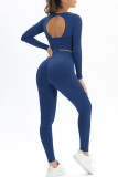 Tibetan Blue Casual Sportswear Solid Patchwork Backless O Neck Long Sleeve Two Pieces