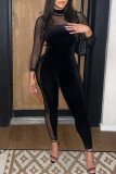 Black Sexy Solid Patchwork See-through Half A Turtleneck Skinny Jumpsuits