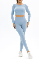 Sky Blue Casual Sportswear Solid Patchwork Backless O Neck Long Sleeve Two Pieces