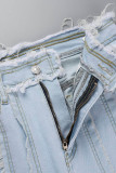 Dark Blue Casual Solid Patchwork Mid Waist Regular Denim Jeans