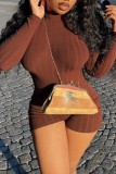 Brownness Casual Solid Basic Half A Turtleneck Skinny Romper