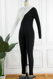 Black White Casual Solid Hollowed Out Patchwork Zipper Half A Turtleneck Skinny Jumpsuits