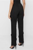 Black Casual Solid Patchwork Regular High Waist Trousers