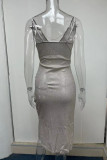 Silver Sexy Solid Patchwork Slit Asymmetrical Spaghetti Strap Sling Dress Dresses
