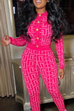 Rose Red Sexy Print Buckle O Neck Long Sleeve Two Pieces