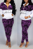 Red Casual Print Camouflage Print Patchwork Zipper Collar Long Sleeve Two Pieces