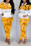 Red Casual Print Camouflage Print Patchwork Zipper Collar Long Sleeve Two Pieces