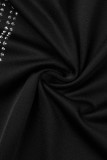 Black Sexy Patchwork Hot Drilling Slit O Neck Long Sleeve Dresses