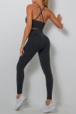 Dark Gray Sportswear Solid Patchwork Backless Spaghetti Strap Sleeveless Two Pieces
