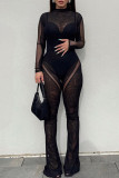 Black Sexy Solid Hollowed Out Patchwork See-through O Neck Long Sleeve Two Pieces