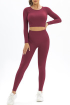 Burgundy Casual Sportswear Solid Patchwork Backless O Neck Long Sleeve Two Pieces