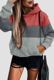 Black Gray Casual Patchwork Contrast Hooded Collar Tops