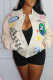 Cream White Casual Street Print Patchwork Buckle Outerwear