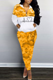 Red Casual Print Camouflage Print Patchwork Zipper Collar Long Sleeve Two Pieces