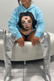 Blue Casual Print Patchwork Hooded Collar Tops