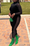 Black Sexy Solid Patchwork See-through Half A Turtleneck Skinny Jumpsuits