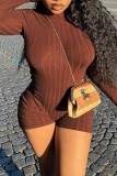Brownness Casual Solid Basic Half A Turtleneck Skinny Romper
