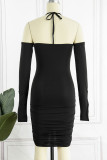 Black Sexy Solid Patchwork Draw String Fold Off the Shoulder Pencil Skirt Dresses